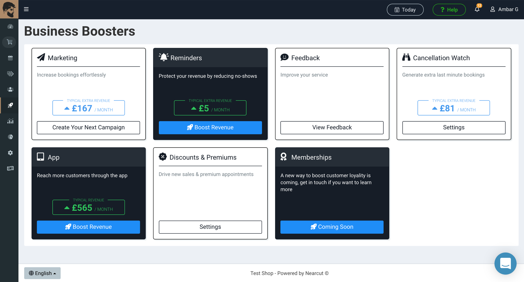 Nearcut Business Boosters page — redesigned admin dashboard