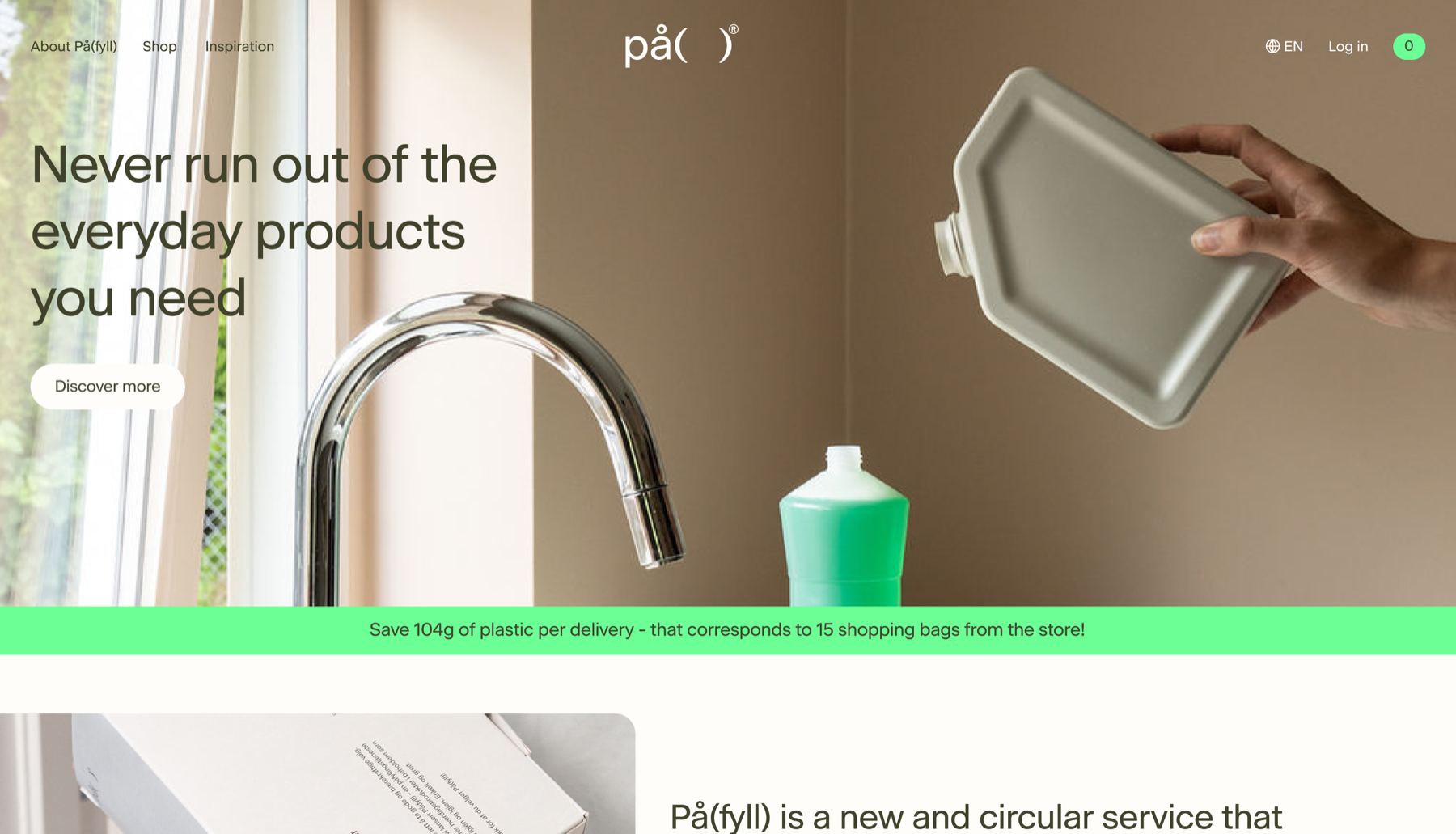 Redesigned Påfyll homepage — hero and how-it-works section